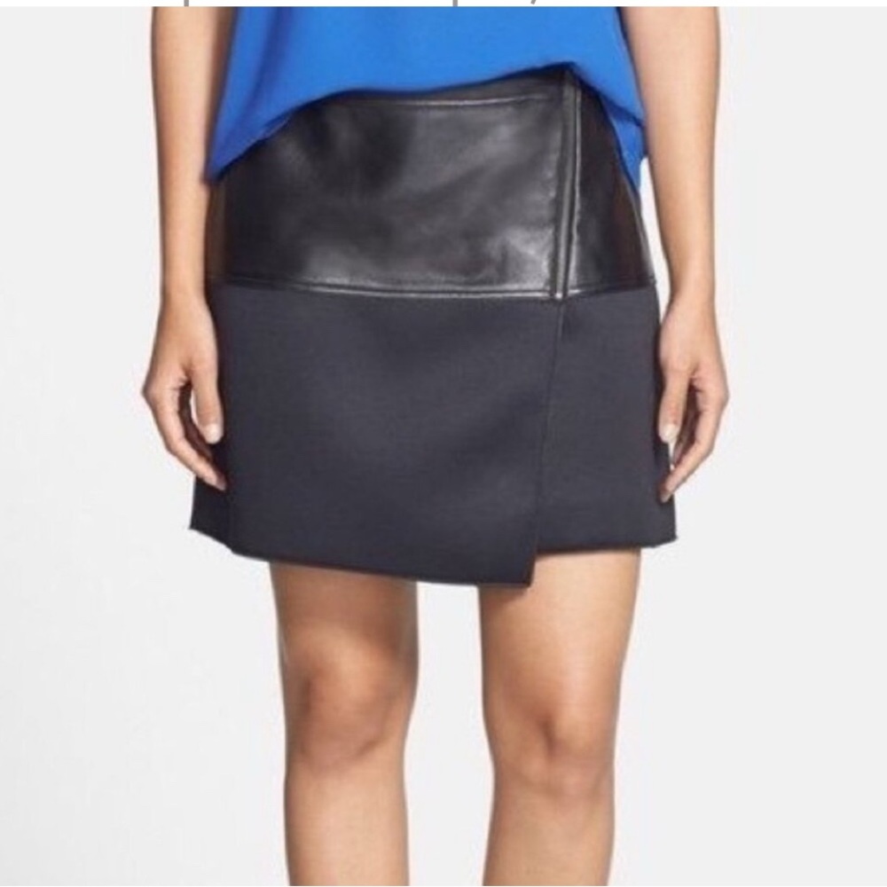 Halogen Asymmetrical Zip Leather & Scuba Knit Skirt black faux wrap Size 8